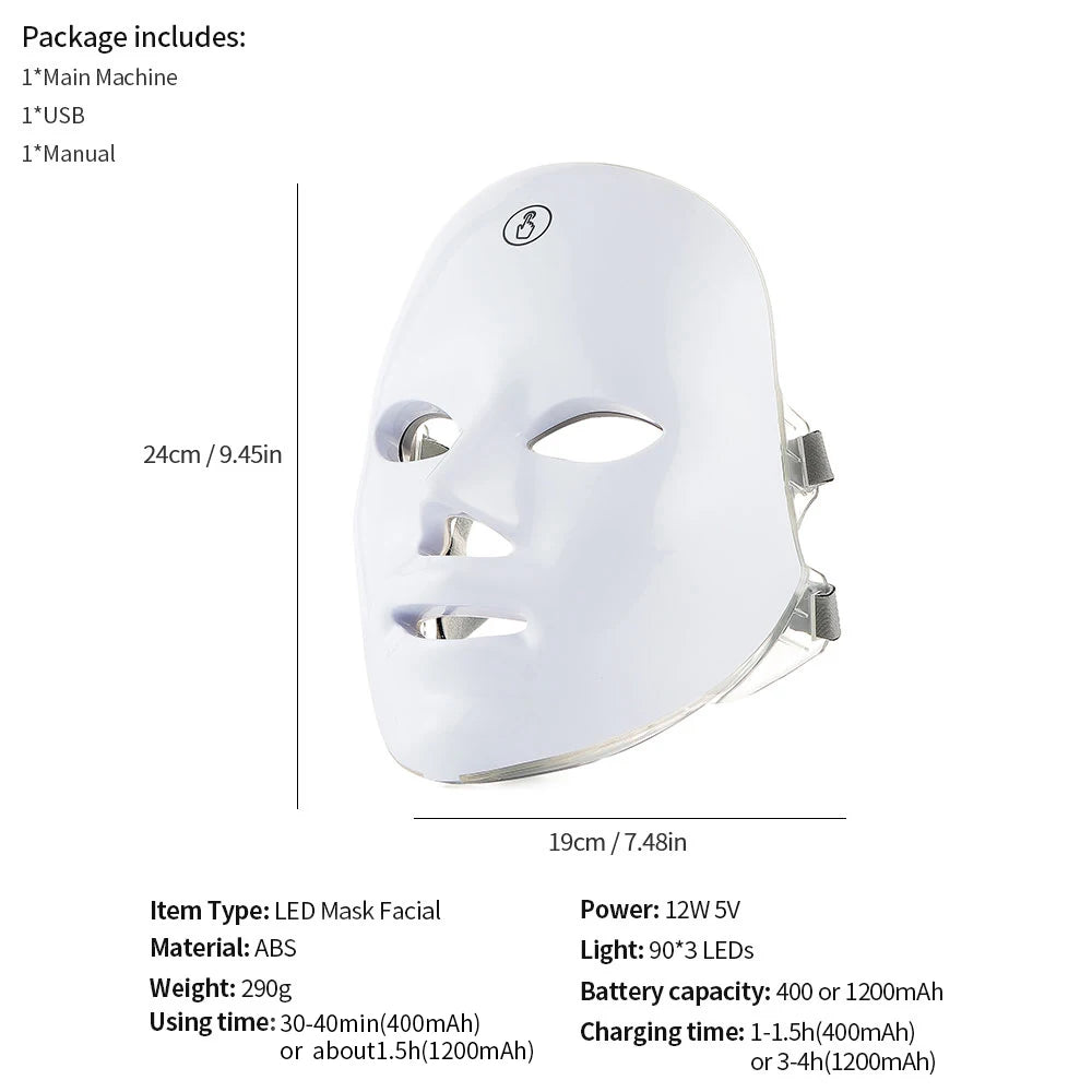 Wireless 7 Color LED Light Therapy Facial & Neck Rejuvenation Mask.